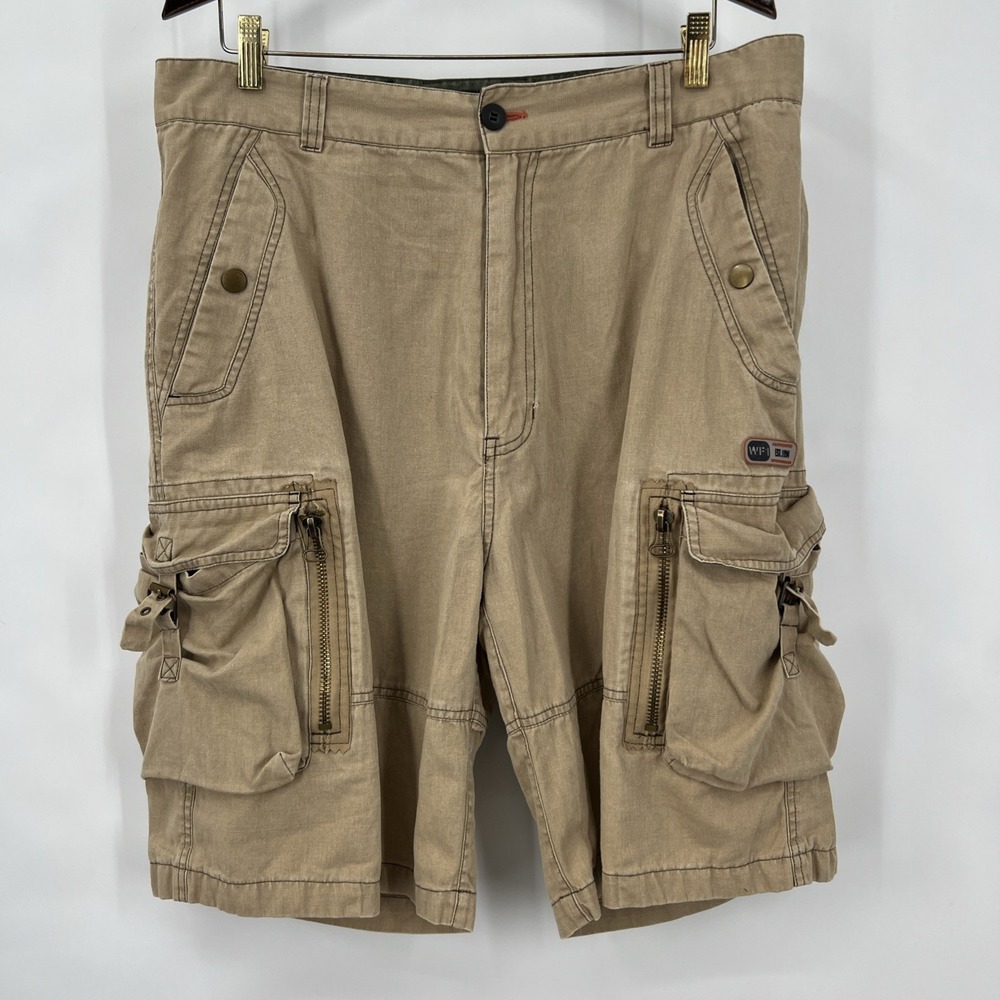 Y2K WearFirst Mens 38 Cargo Shorts Tan Khaki Ramie Cotton Pockets Utility Grunge